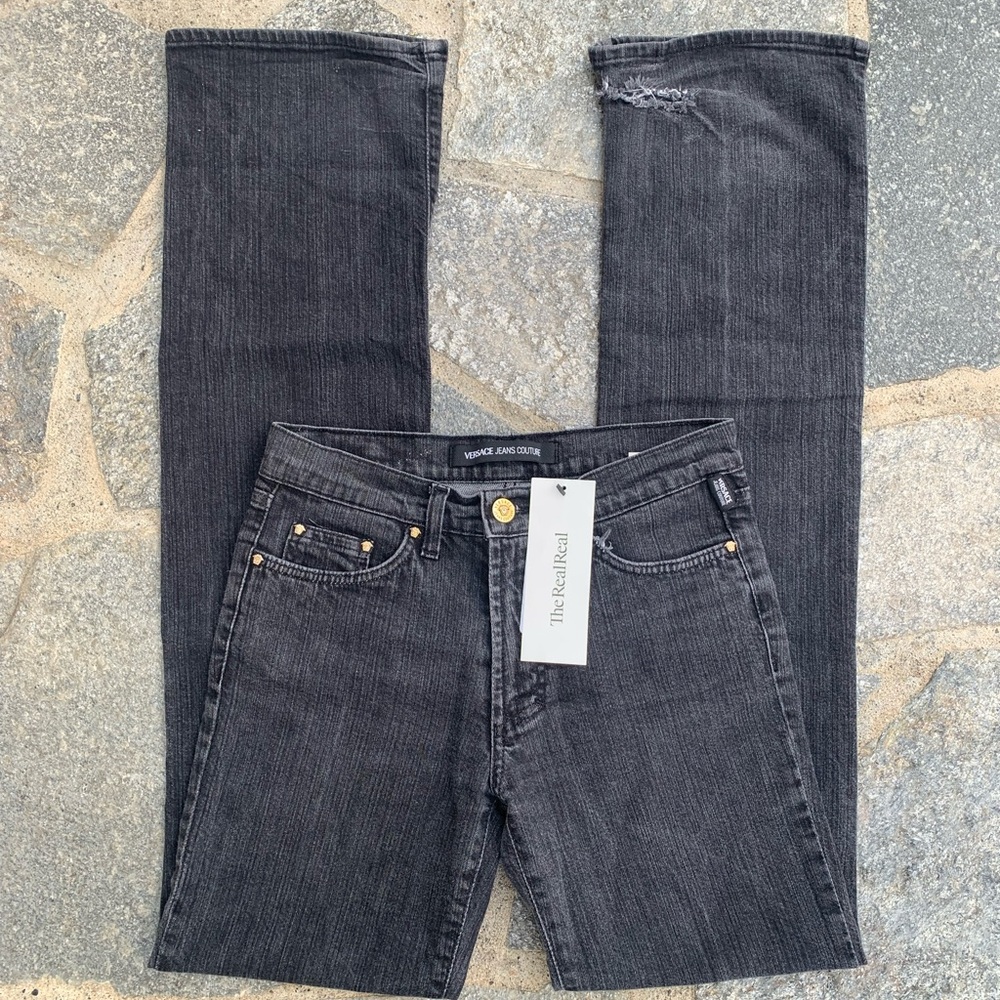 Versace Jeans Couture Black Low Rise Gold Hardware Flare Bootcut Jeans